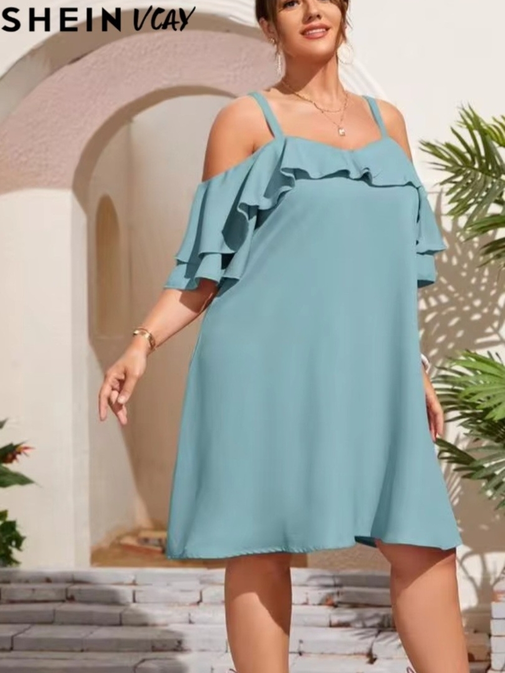 SHEIN Light Blue Cold-Shoulder Ruffle Mini Dress